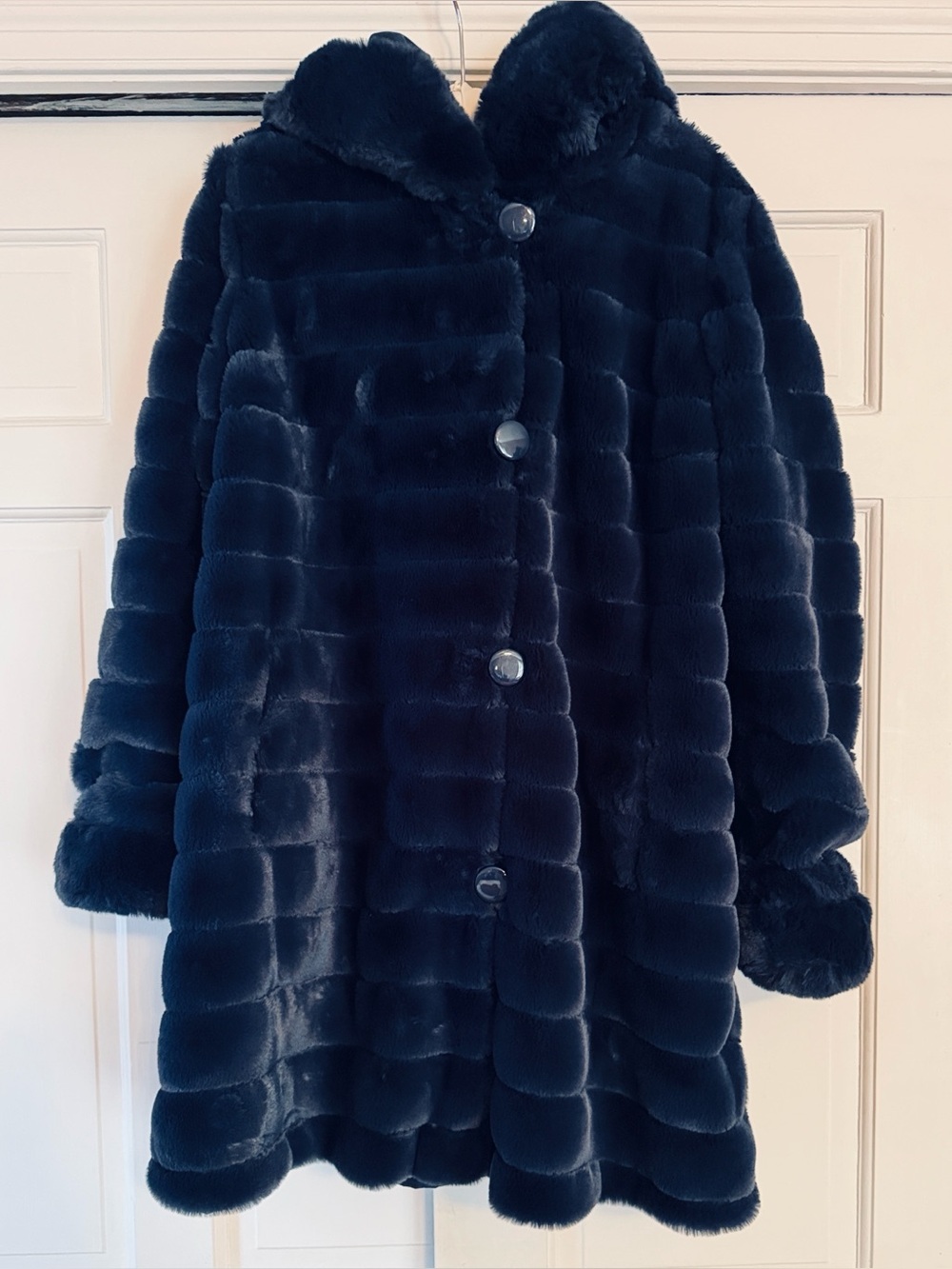 Nikki Jones reversible navy blue faux fur Parker